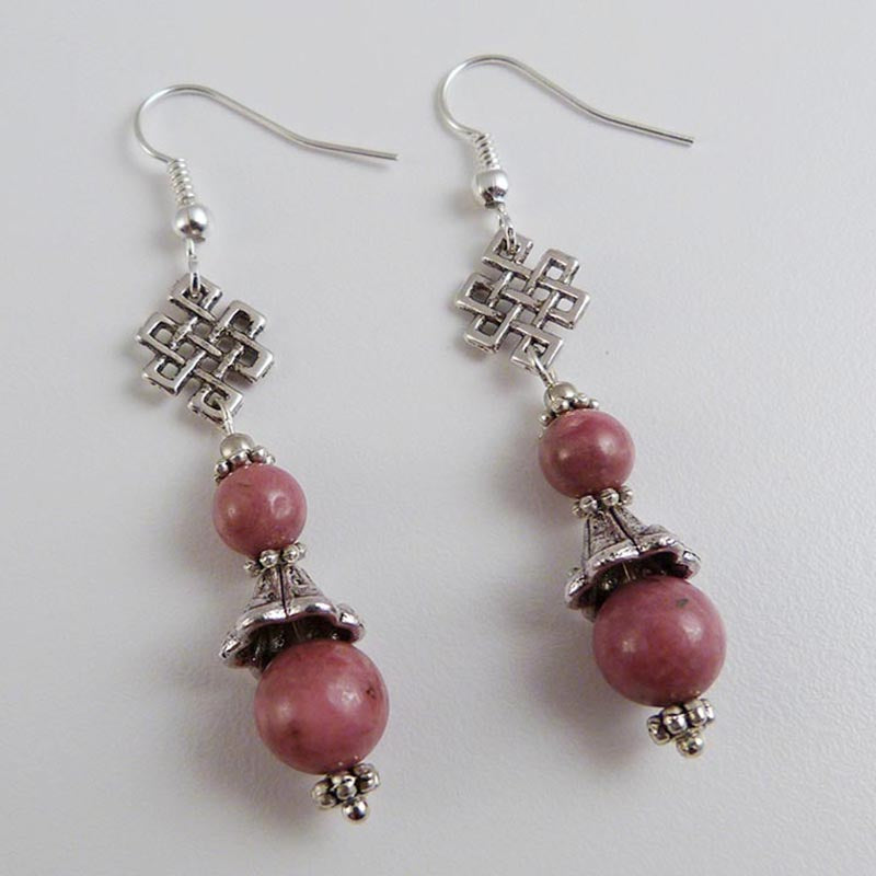 White Metal and Rhodocrosite Endless Knot Earrings