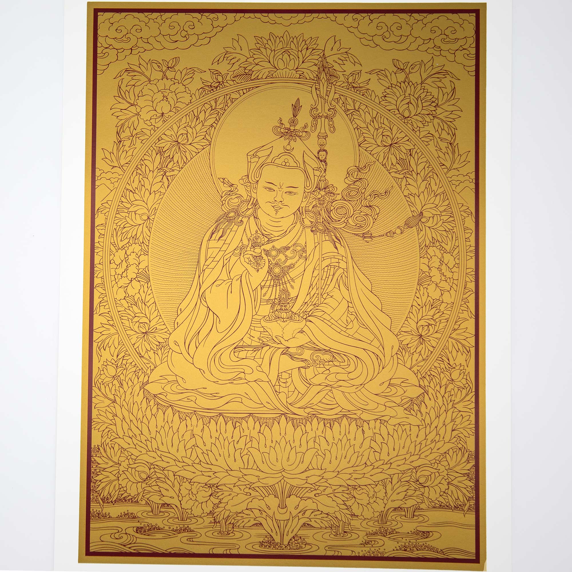 Guru Rinpoche Silk Screen Print (Red on Gold)