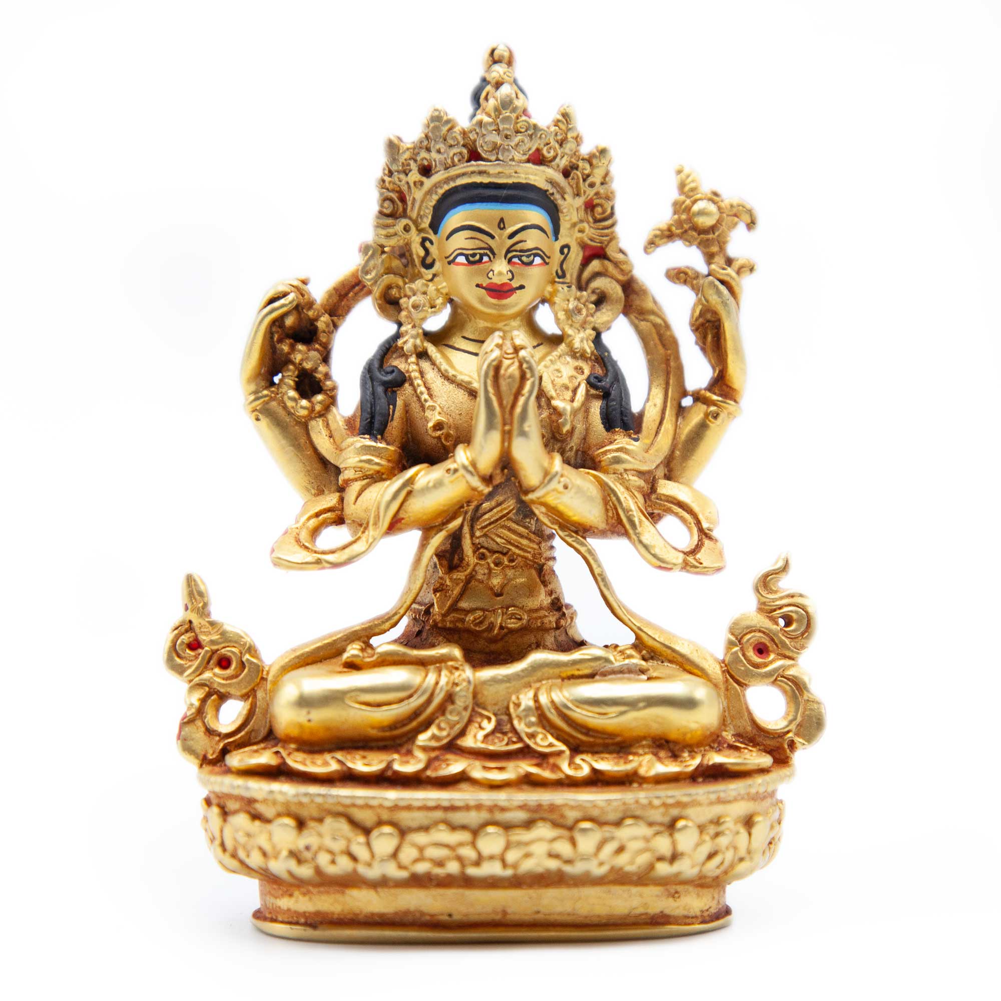 Chenrezig Gold with Painted Face Statue - Mini
