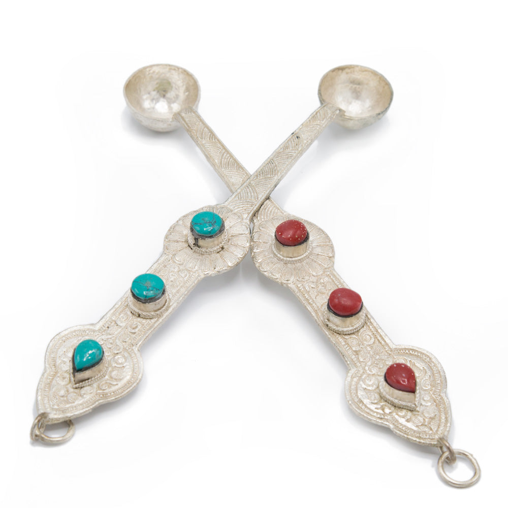 Turquoise and Coral Silver-Plated Ritual Spoons - 8.75 inch