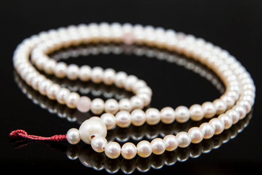 Cultured Pearls & Rose Quartz Mala - 7mm