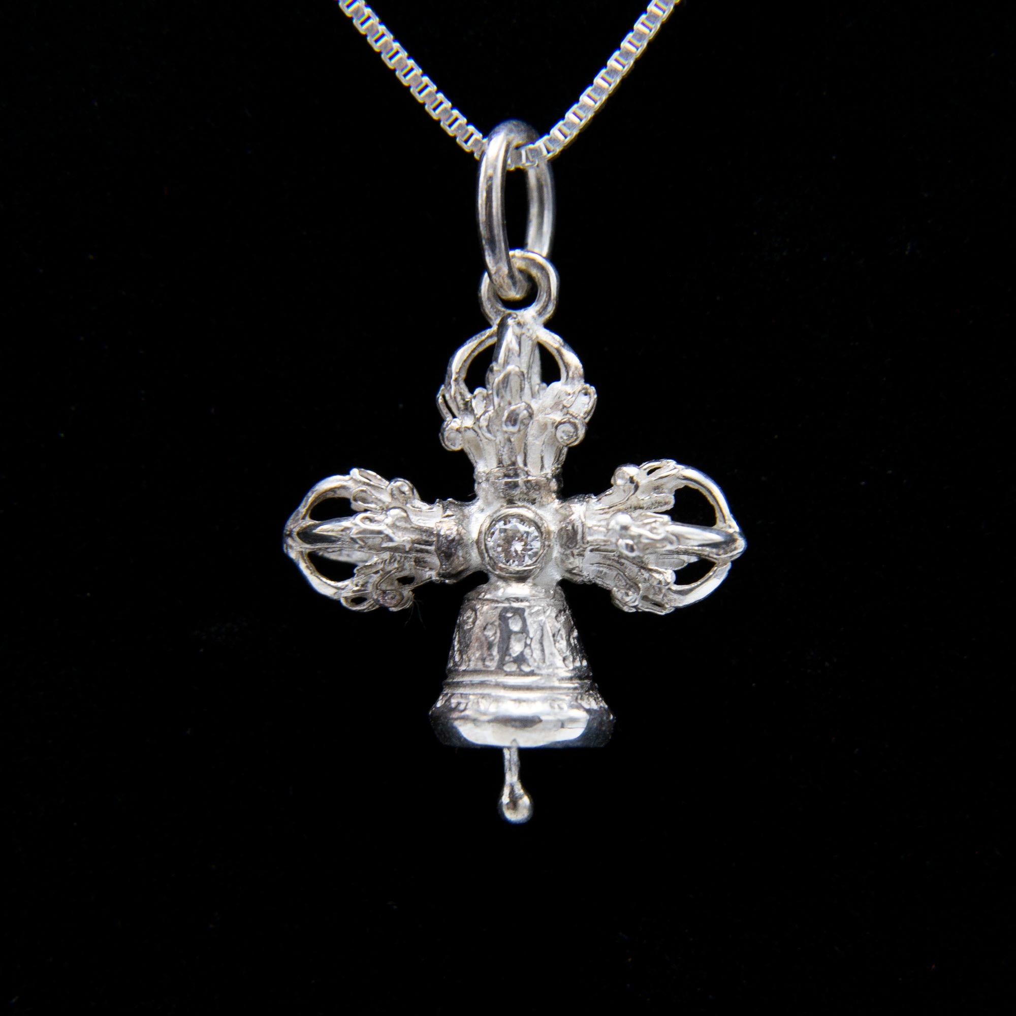 Sterling Crossed Bell and Dorje Pendant with Diamond