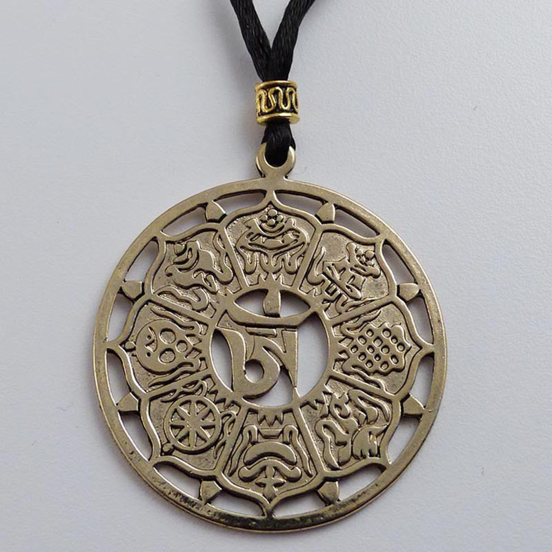 Gold Metal Auspicious Symbols Pendant - Black Cord