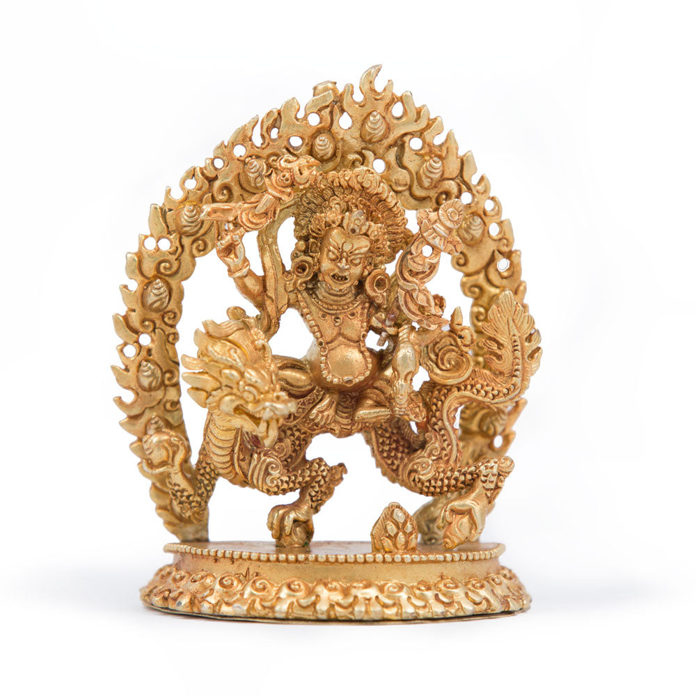 Dzambhala Riding a Dragon Gold Statue - Mini